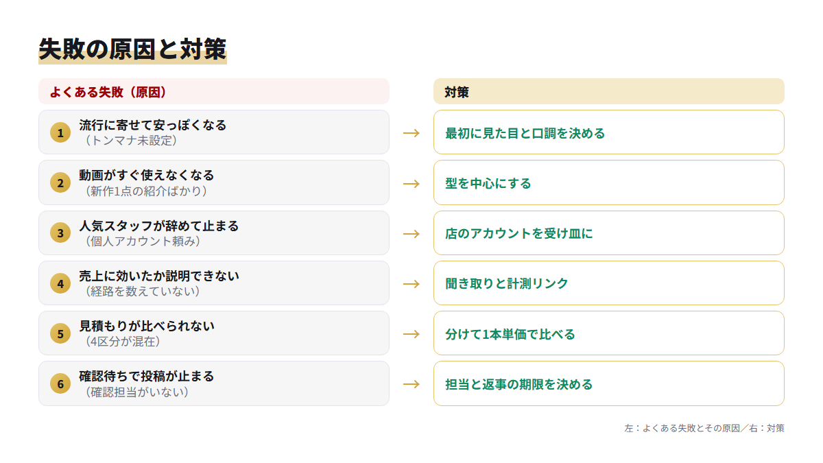 アパレルのTikTok運用でよくある6つの失敗とその原因、対策を左右で対比した図