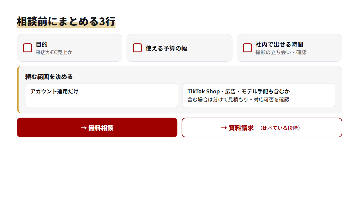 運用代行に相談する前に目的・予算の幅・社内で出せる時間の3点と頼む範囲をまとめるチェックリスト