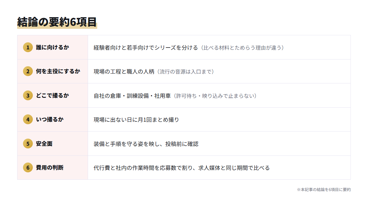 電気工事会社のTikTok採用代行で決める6項目とその結論をまとめた表
