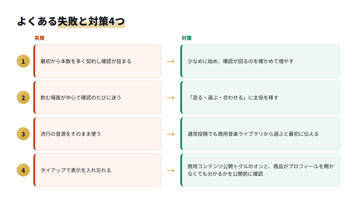 お酒のTikTok運用代行で止まりやすい4つの失敗と、それぞれの対策を左右に並べた図