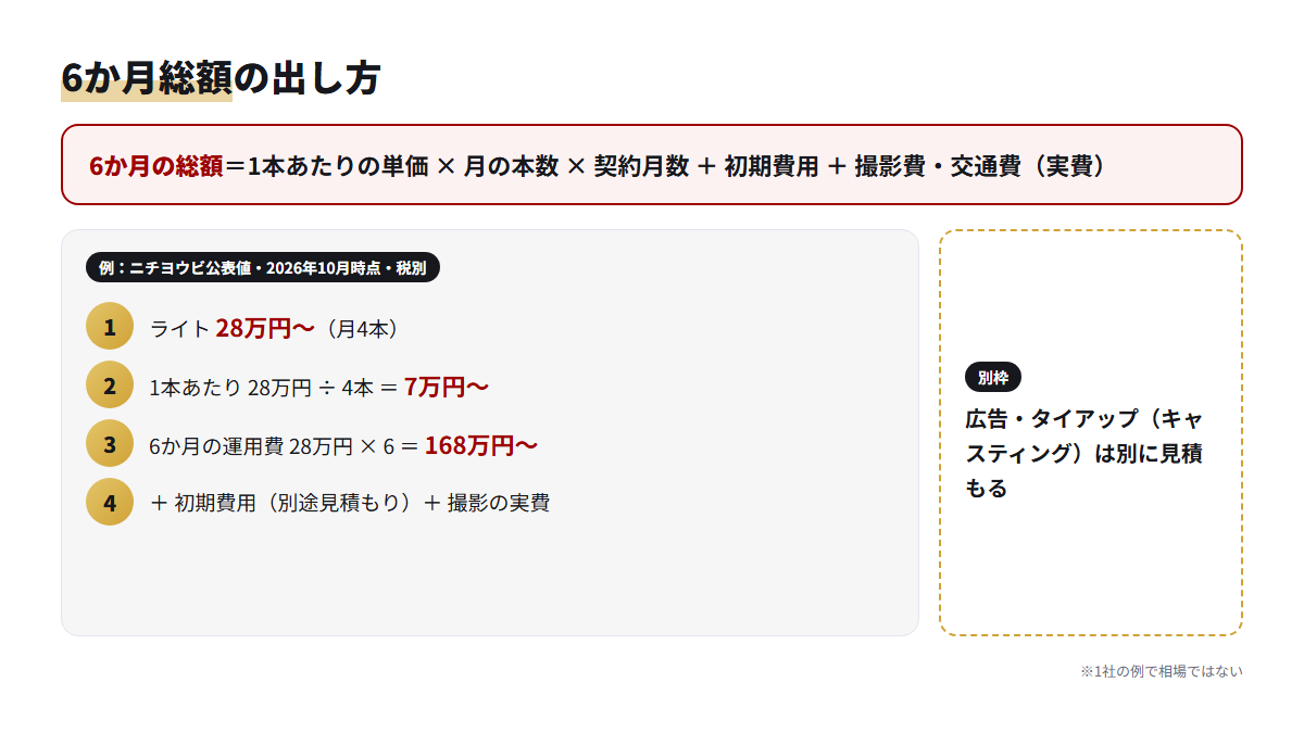 1本あたりの単価・本数・期間から6か月の総額を出す計算式と、公表料金を当てはめた例