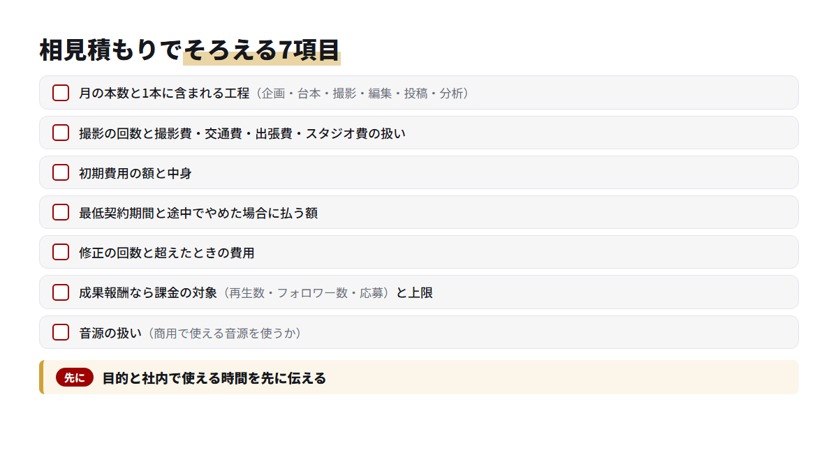 TikTok運用代行の相見積もりで各社にそろえて出してもらう7つの確認項目のチェックリスト