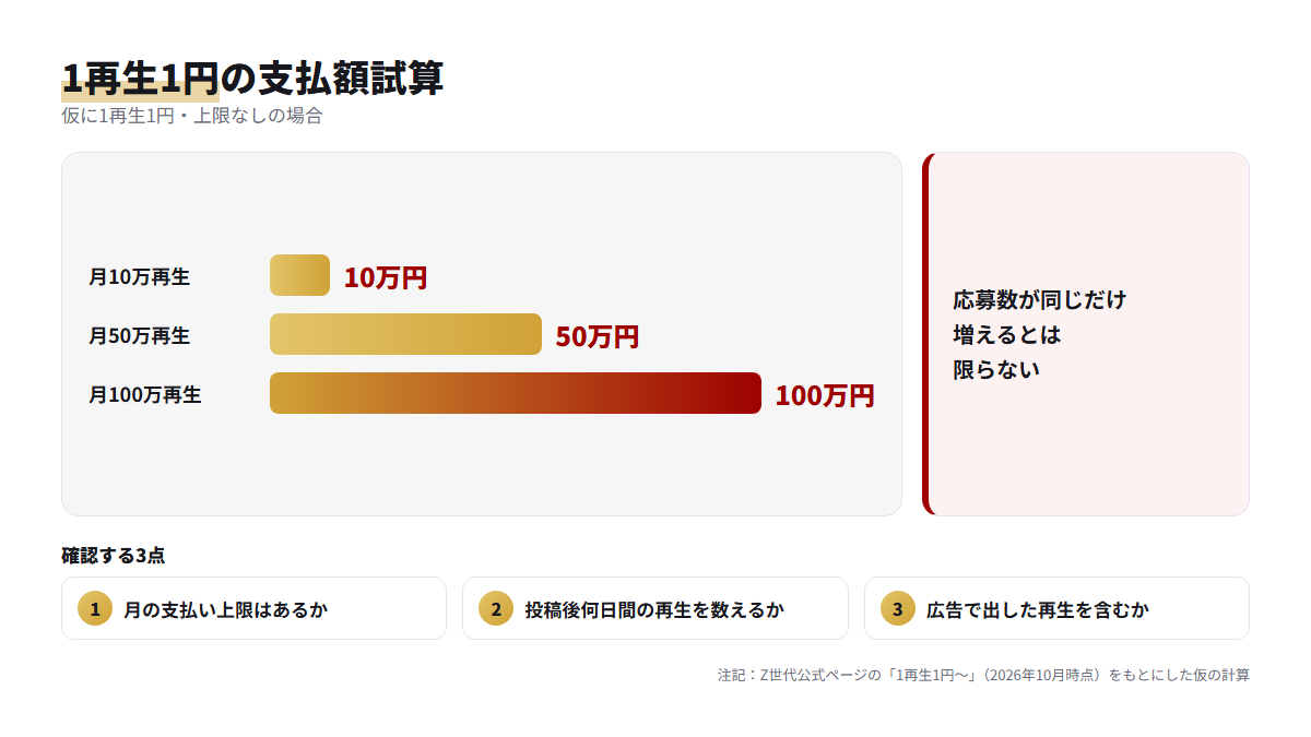 1再生1円で上限が無い場合に、月の再生数10万・50万・100万回で支払額がどう増えるかを示した棒グラフ