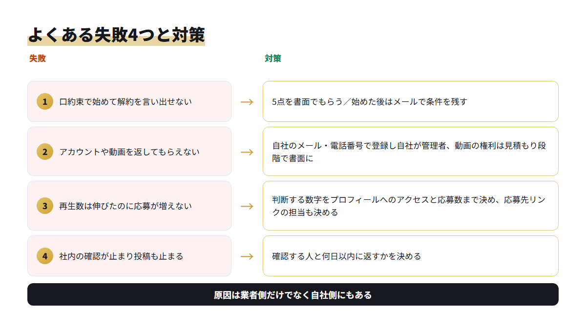 TikTok運用代行のよくある失敗4つと、それぞれの対策を左右に並べた図