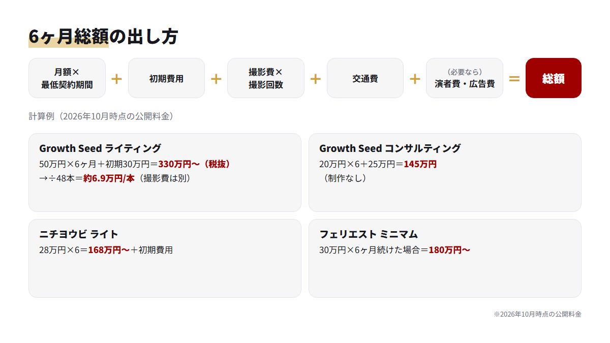 月額・初期費用・撮影費・交通費を足して6ヶ月総額を出す流れと計算例の図