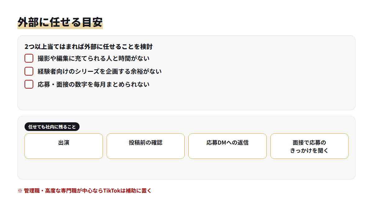 中途採用のTikTok運用を外部に任せるか判断する3項目のチェックリストと、任せても社内に残る仕事