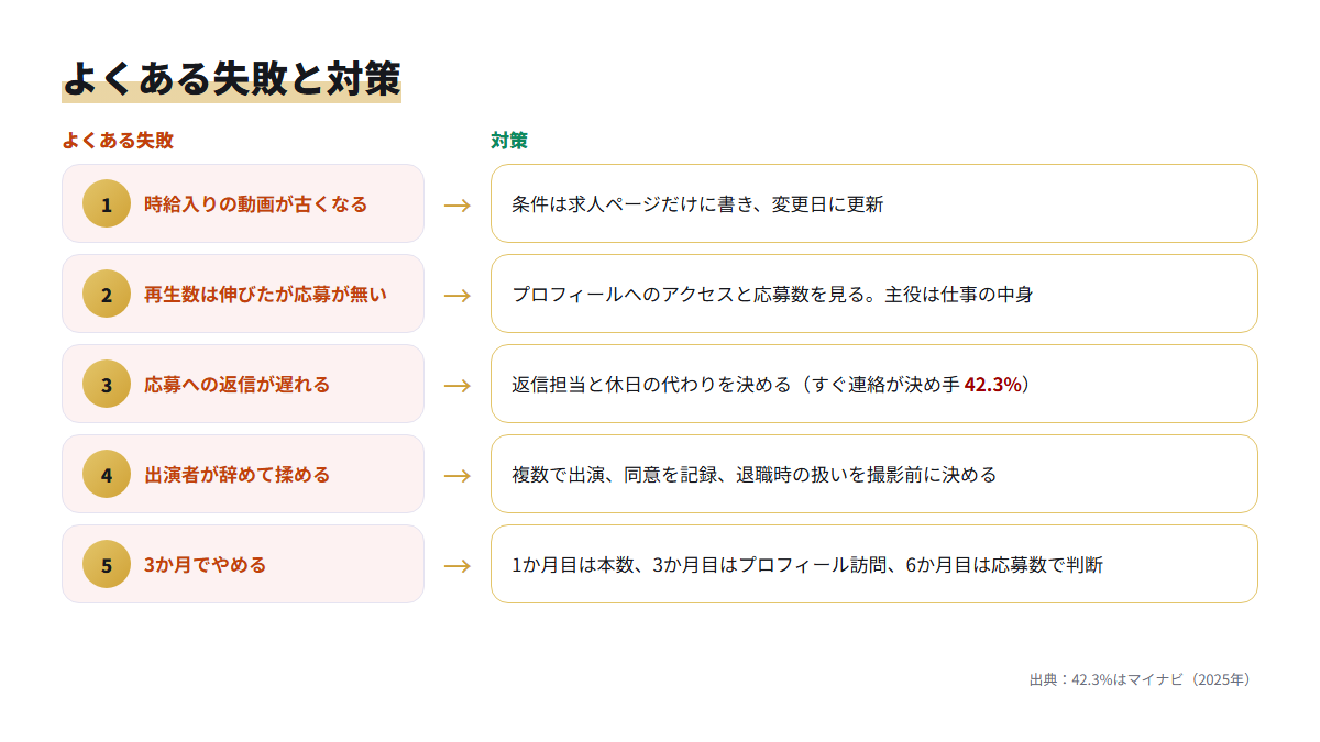 アルバイト採用のTikTok運用でよくある5つの失敗と対策を並べた図