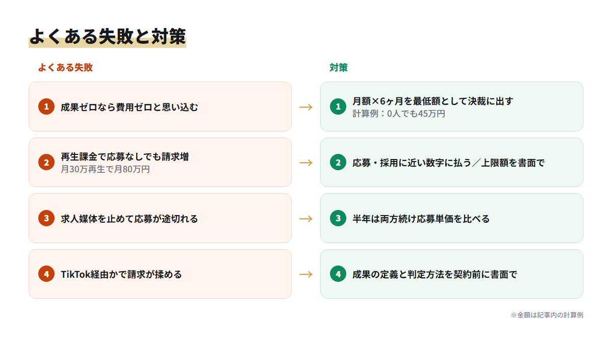 成果報酬型でよくある4つの失敗と、それぞれの対策を並べた前後比較図