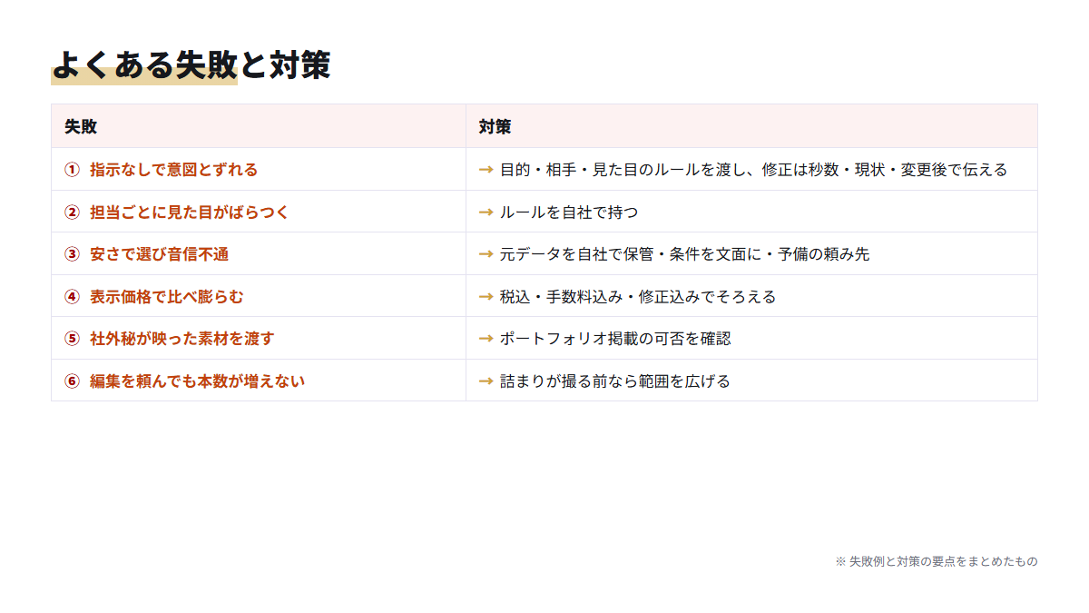 編集代行でよくある6つの失敗と、それぞれの対策を並べた表
